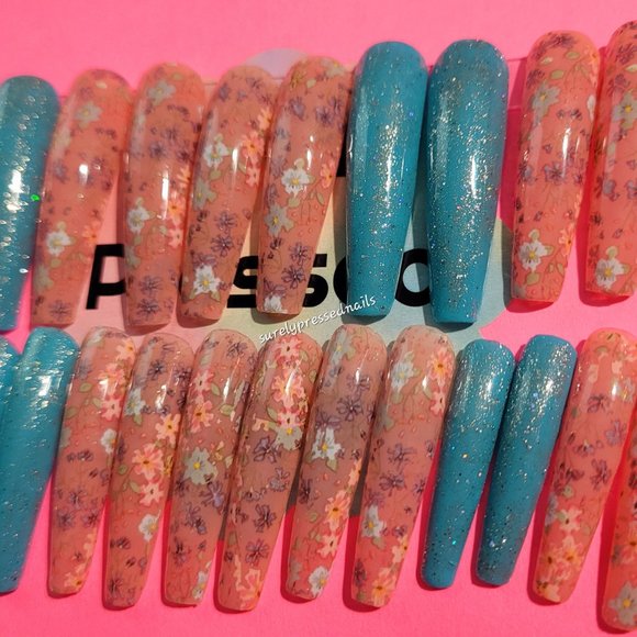 Aqua Shimmer Nude Distressed Floral Design Xl Ballerina Press on Nails - Picture 2 of 3